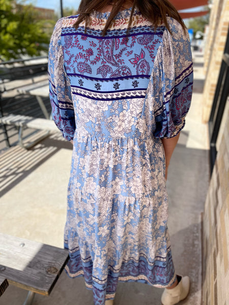 Floral Paisley Print Midi Dress - Blue Mix-K. Ellis Boutique