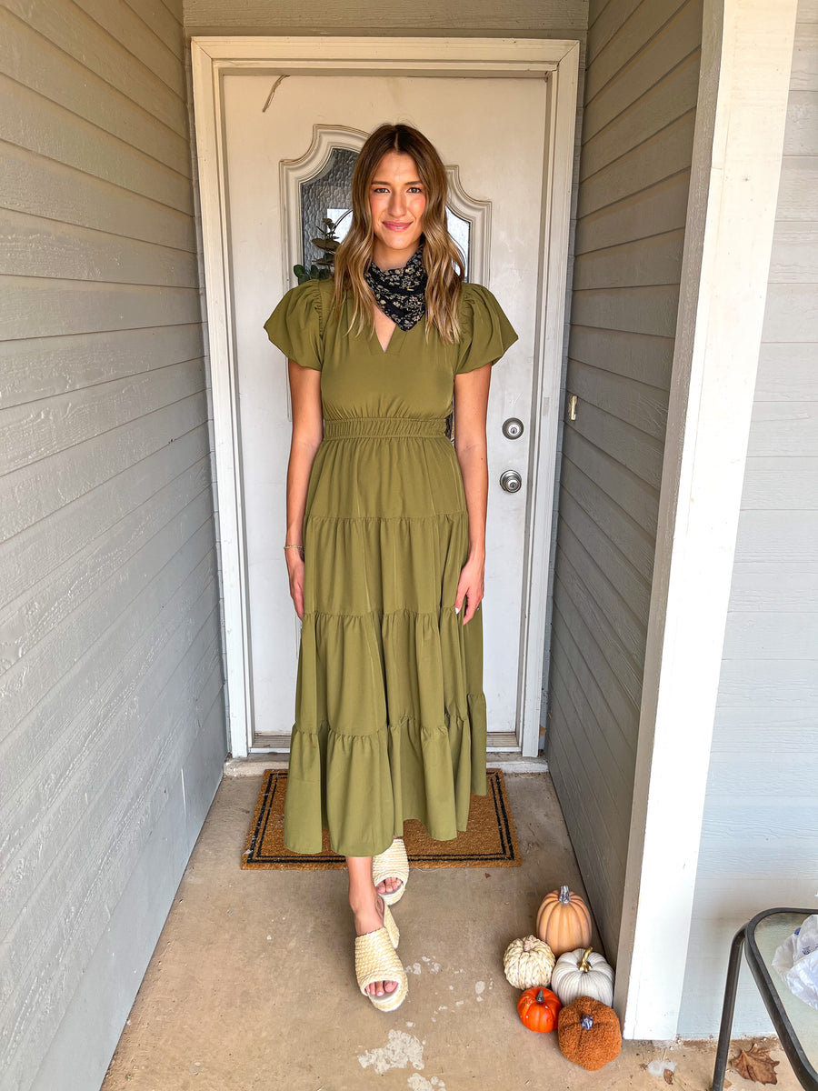 Kaylee Khaki Smock Tiered Midi Dress – Style Cheat, 59% OFF