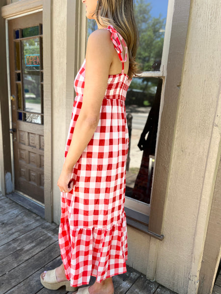 Shoulder Strap Ruffle Hem Gingham Print Maxi Dress- Red-K. Ellis Boutique