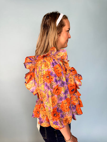 Floral V-Neck Ruffle Detail Blouse - Lavender/Orange-K. Ellis Boutique