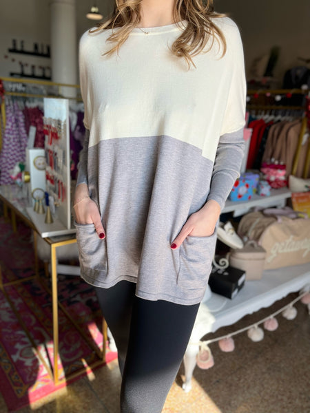 Soft Knit Oversized Sweater Top- Ivory/Grey-K. Ellis Boutique