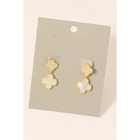 Sterling Silver Pave and Seashell Clover Dangle Earrings-K. Ellis Boutique