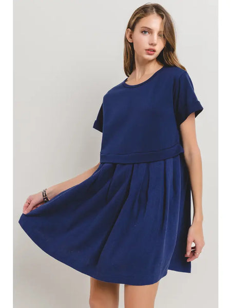 Contrast Pleated Mini Dress- Navy-K. Ellis Boutique