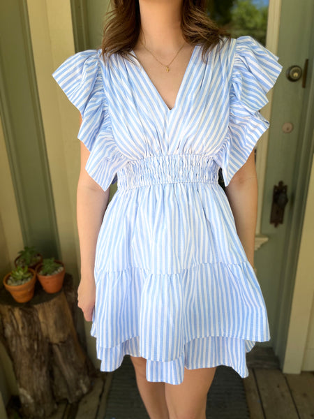 Stripe Print V-neck Mini Dress - Blue-K. Ellis Boutique