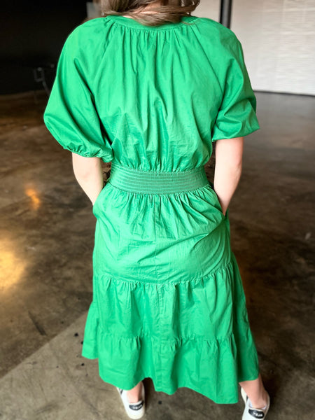 Puff Sleeve Midi Dress- Kelly Green-K. Ellis Boutique