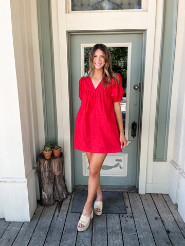 Solid V-Neck Puff Sleeve Mini Dress - Red-K. Ellis Boutique