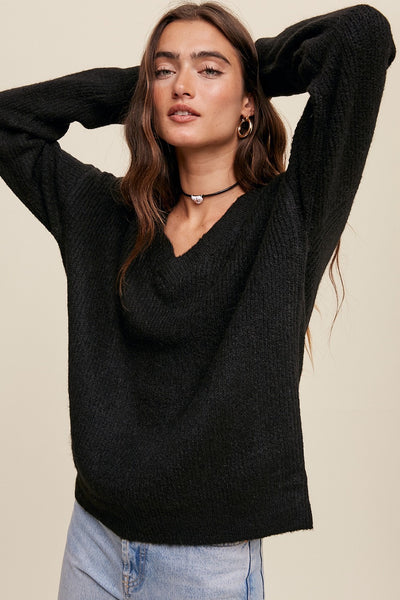 Classic V-neck Ribbed Soft Knit Sweater - Black-K. Ellis Boutique