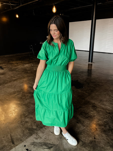 Puff Sleeve Midi Dress- Kelly Green-K. Ellis Boutique