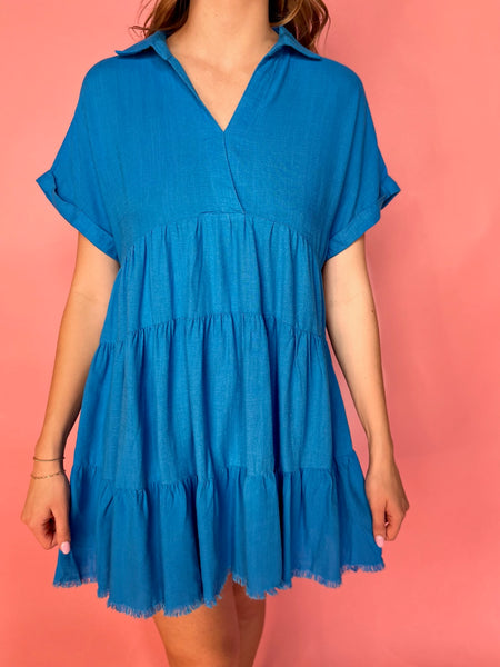 V-Neck Collared Ruffle Tiered Mini Dress - Azure-K. Ellis Boutique