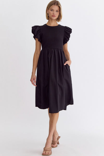 Solid Puff Sleeve Midi Dress- Black-K. Ellis Boutique