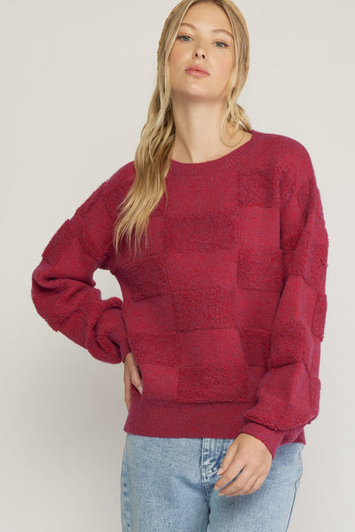 Textured Checkered Sweater- Magenta-K. Ellis Boutique
