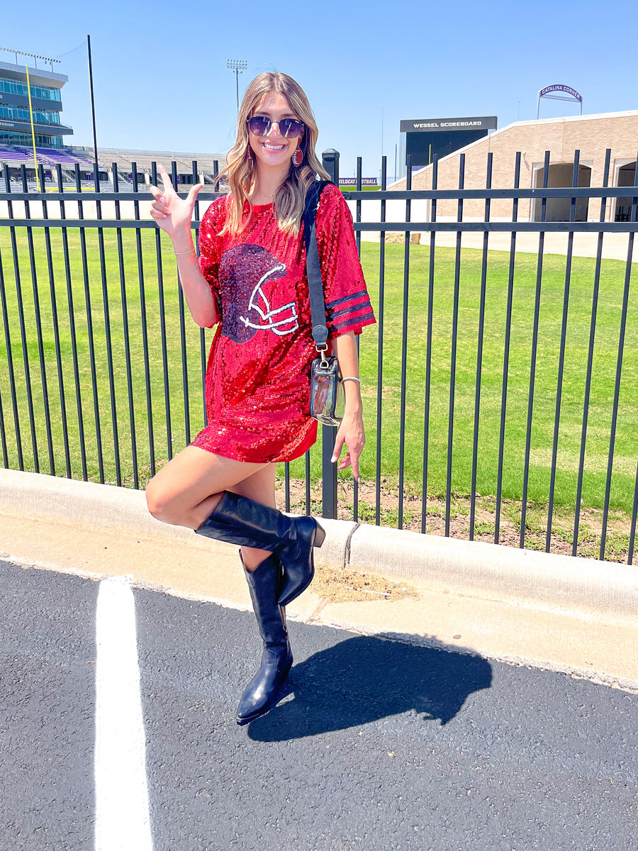 FOOTBALL HELMET SEQUIN DRESS/TUNIC/TOP - RED / BLACK