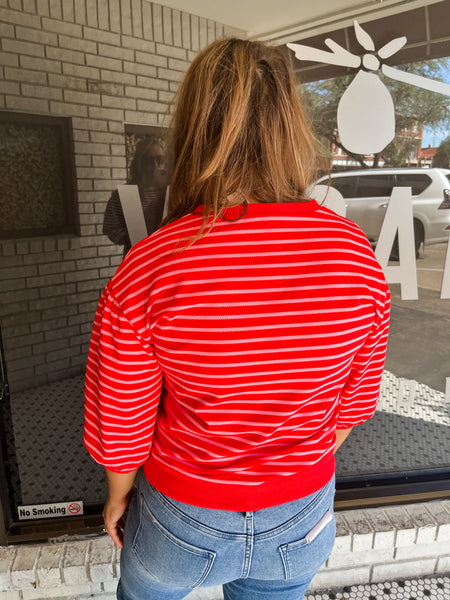 Striped Print 3/4 Sleeves Top- Pink/Red-K. Ellis Boutique