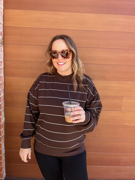 Modal Scuba Stripe Crew Neck Top- Espresso/Cream-K. Ellis Boutique