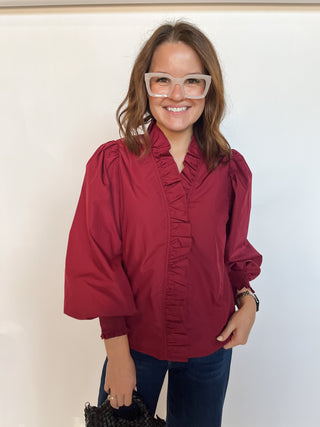 Cotton Poplin Jennifer Blouse- Burgundy-K. Ellis Boutique