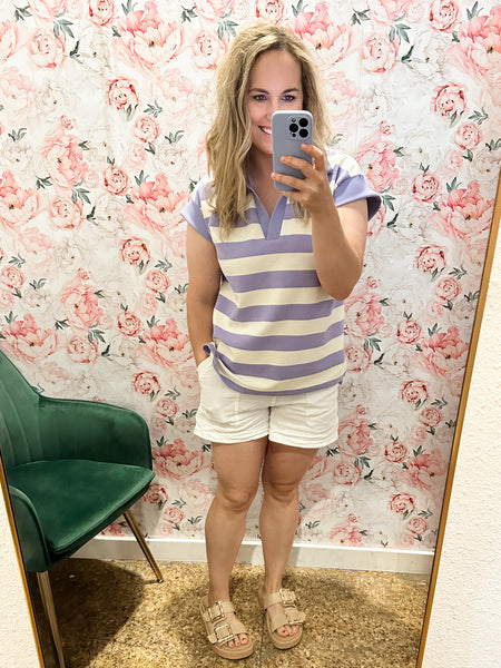 Stripe Collared Top- Lavender-K. Ellis Boutique