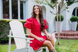 Karlie Solid Lace Trim Puff Sleeve Dress- Red-Mini Dress-K. Ellis Boutique