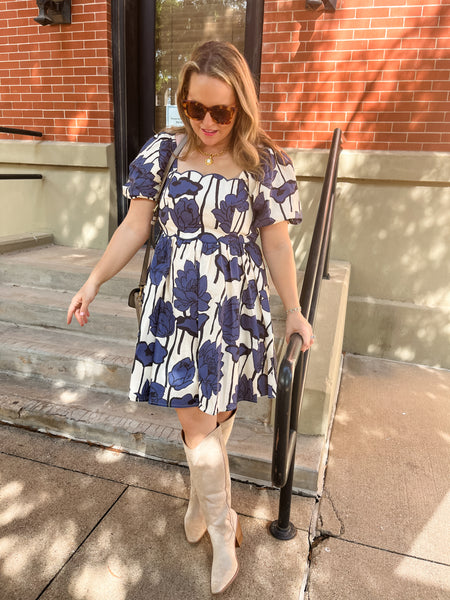 Floral Print Square Neck Mini Dress- Navy-K. Ellis Boutique