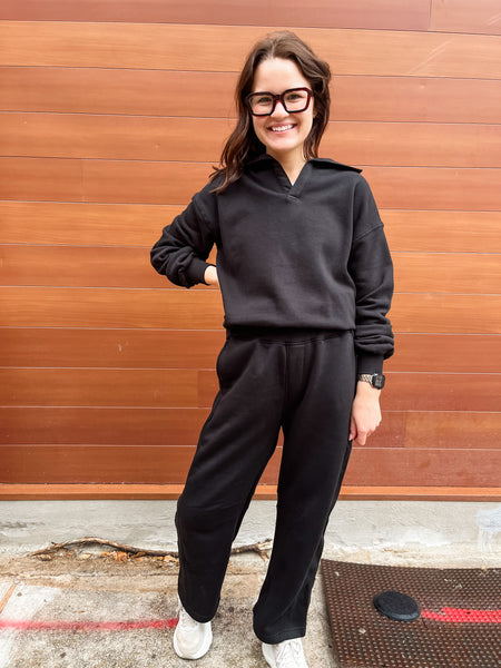 Lounge Layer Long Sleeve Collared Pullover- Black-K. Ellis Boutique