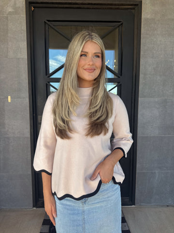 Scallop Edge Detailed Mock Neck Sweater- Blush/Black-K. Ellis Boutique