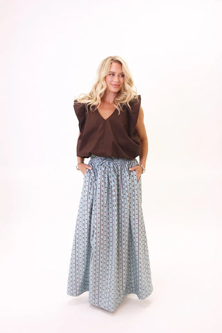 Floral Stripe Tie Smock Waist Maxi Skirt Blue and Brown- Karlie-K. Ellis Boutique