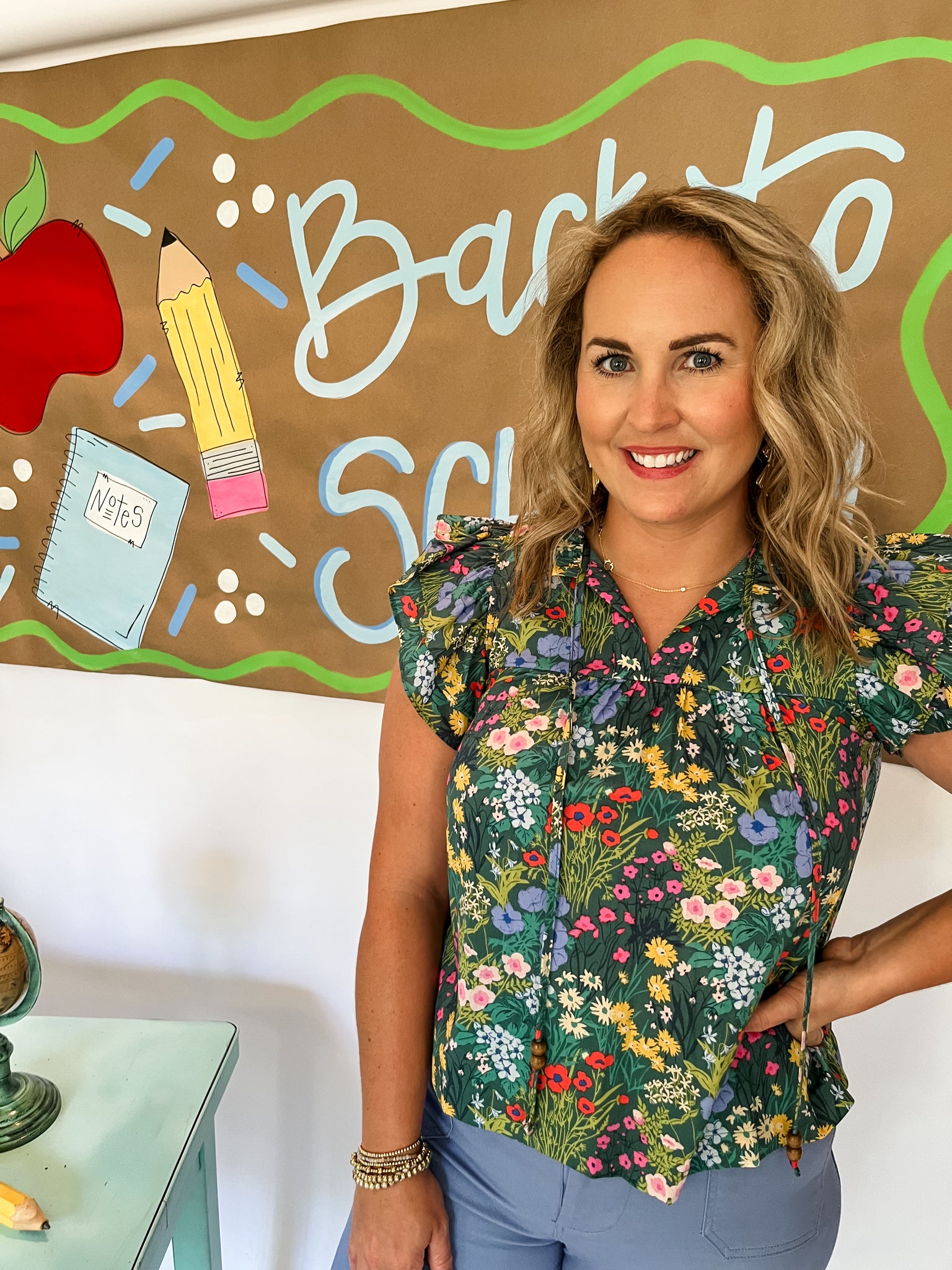 Floral Ruffled Sleeve Blouse- Green Multi-K. Ellis Boutique