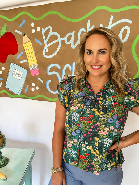 Floral Ruffled Sleeve Blouse- Green Multi-K. Ellis Boutique