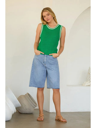 Striped Crochet Trim Sweater Vest- Green & White-Sleeveless Top-K. Ellis Boutique