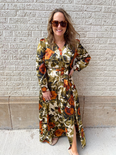 Abstract Rose Button Up Midi Dress- Rust/Olive-K. Ellis Boutique