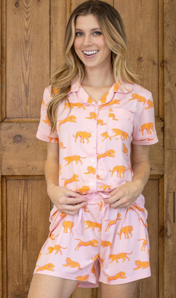 Tiger Walk Short Sleeve Button Up Sleep Shirt- Orange/Pink-K. Ellis Boutique