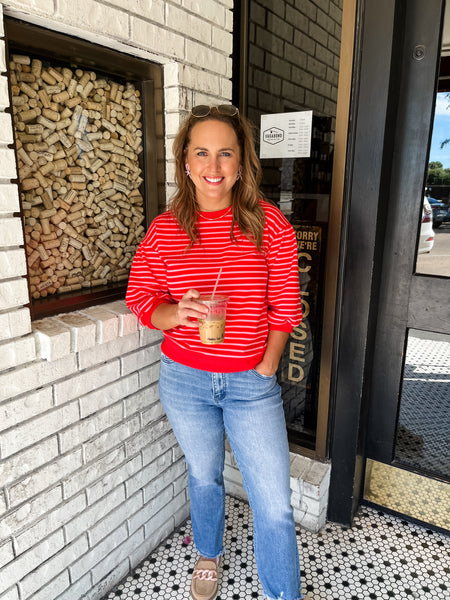 Striped Print 3/4 Sleeves Top- Pink/Red-K. Ellis Boutique