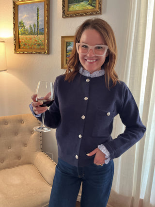 Ruffle Neckline Crewneck Cardigan- Navy-K. Ellis Boutique