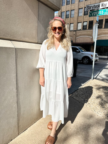 Tiered Textured Midi Dress - Off White-K. Ellis Boutique