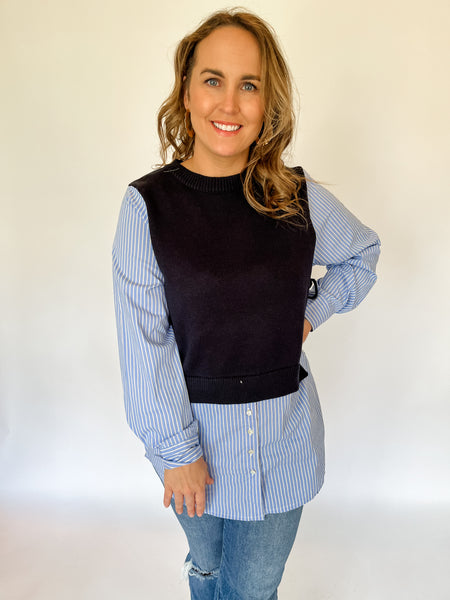 Knit Vest and Striped Mixed Media Top- Navy-K. Ellis Boutique