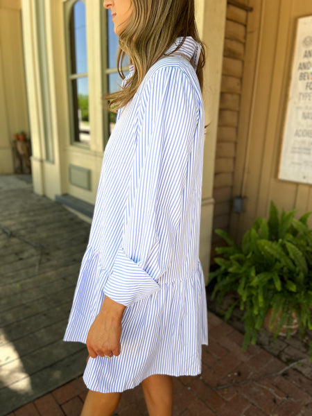 STRIPED LONG SLEEVE SHIRT DRESS- LIGHT BLUE-K. Ellis Boutique