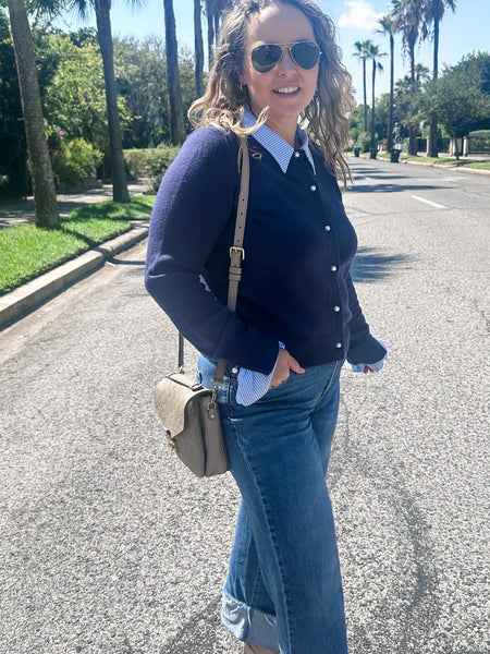 Collared Cardigan w/ Stripe Trim- Navy-K. Ellis Boutique