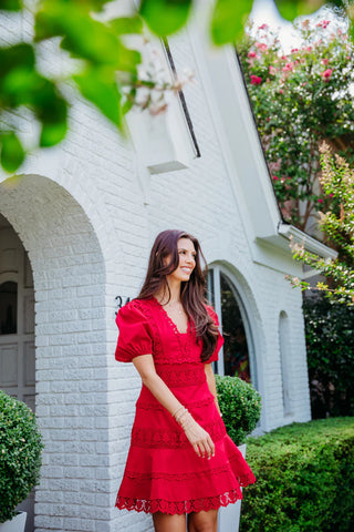 Karlie Solid Lace Trim Puff Sleeve Dress- Red-K. Ellis Boutique