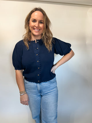 Beth Scallop Knit Button Up Cardigan /Top- Navy-K. Ellis Boutique