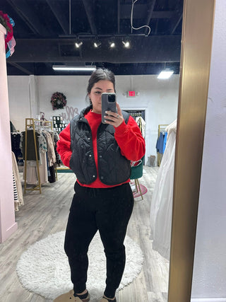 Snap Button Quilted Puffer Vest- Black-Jacket-K. Ellis Boutique