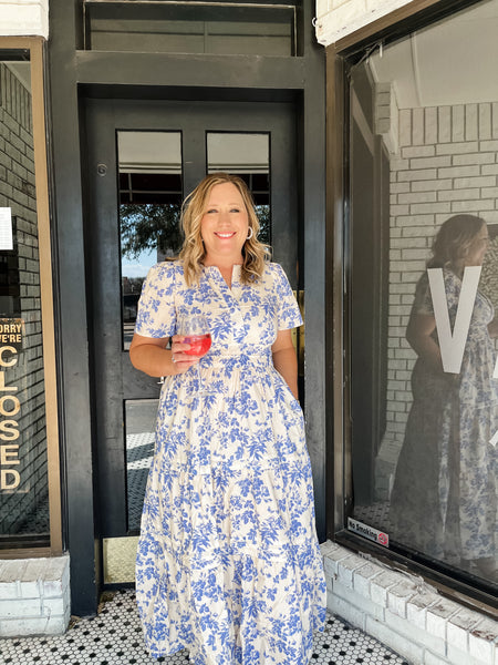 Floral Print Woven Maxi Dress- Blue-K. Ellis Boutique