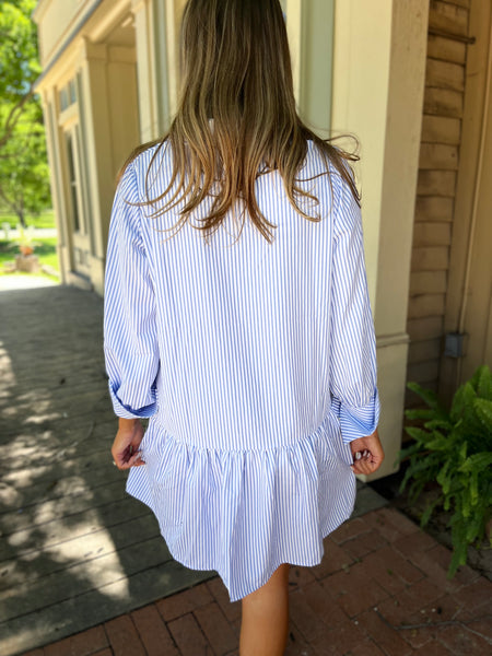 STRIPED LONG SLEEVE SHIRT DRESS- LIGHT BLUE-K. Ellis Boutique