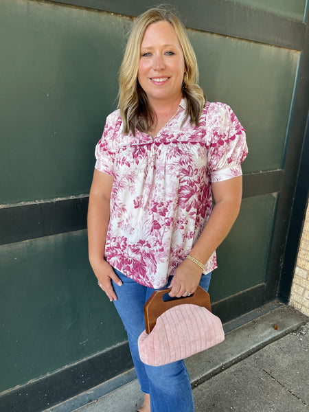 Floral Print V-Neck Top - Merlot-K. Ellis Boutique