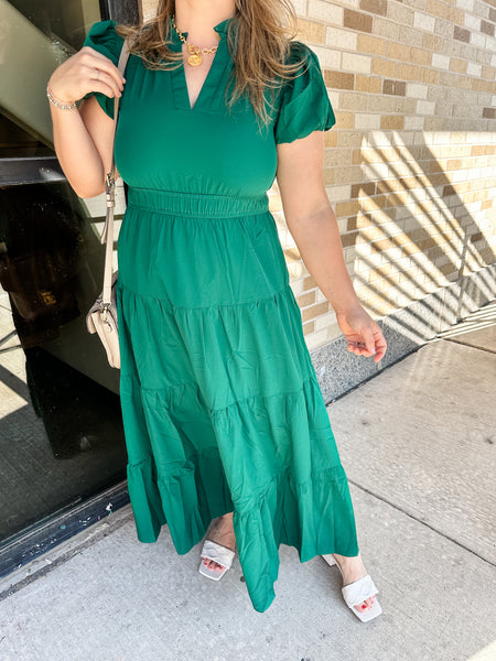 Solid Bubble Sleeve V-Neck Midi Dress- Hunter Green-K. Ellis Boutique