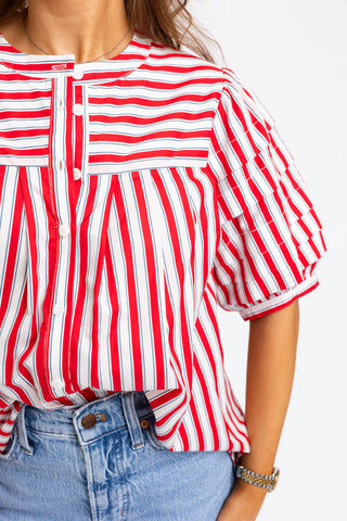 Stripe "America" Pleat Sleeve Top- Karlie-Short Sleeve Top-K. Ellis Boutique