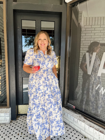 Floral Print Woven Maxi Dress- Blue-K. Ellis Boutique