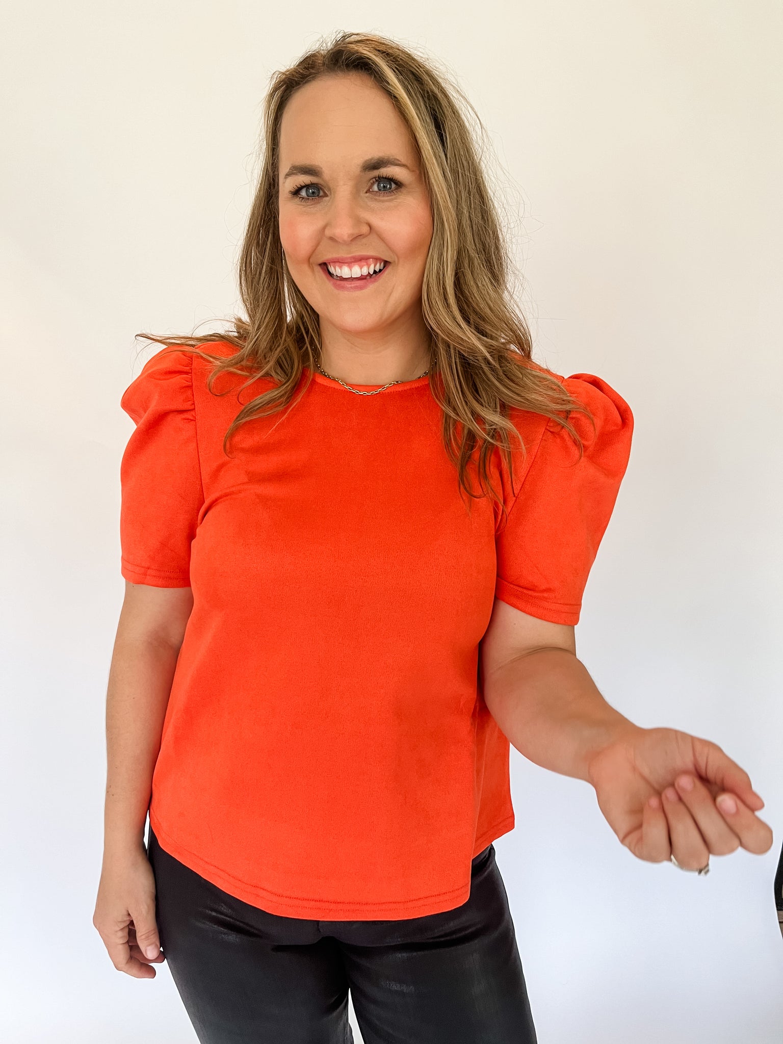 Puff Sleeve Suede Top- Orange- THML-K. Ellis Boutique