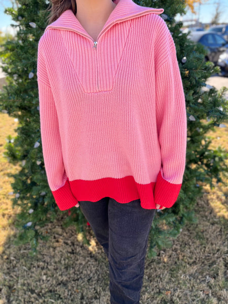English Factory Contrast Zip Pullover Sweater- Pink/Red-K. Ellis Boutique