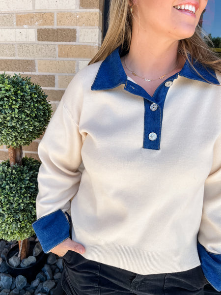 Cream and Denim Miranda Blouse- Ecru-K. Ellis Boutique