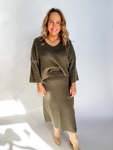 Ribbed Long Sleeve Top & Maxi Skirt Set- Olive-K. Ellis Boutique