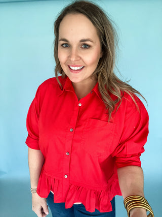 Miranda Ruffle Hem Button Up- Red-Short Sleeve Top-K. Ellis Boutique